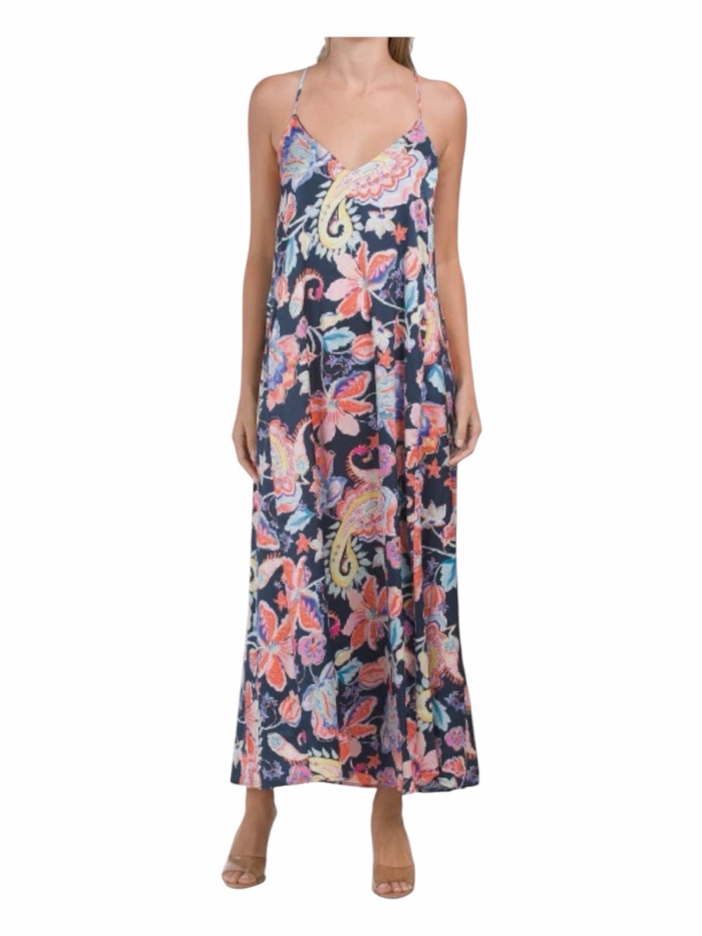 Nicole Miller Navy Floral Maxi Dress with Pink, Yellow & Blue Print